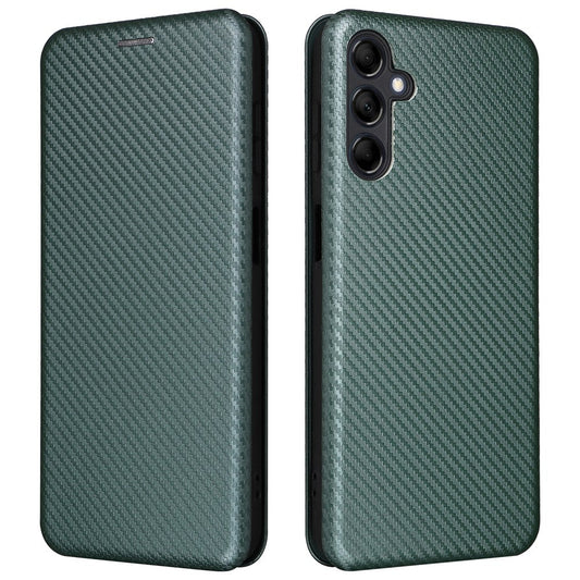 For Samsung Galaxy M14 5G Phone Cover TPU+PU Leather Stand Carbon Fiber Texture Phone Case with Card Slot - Green