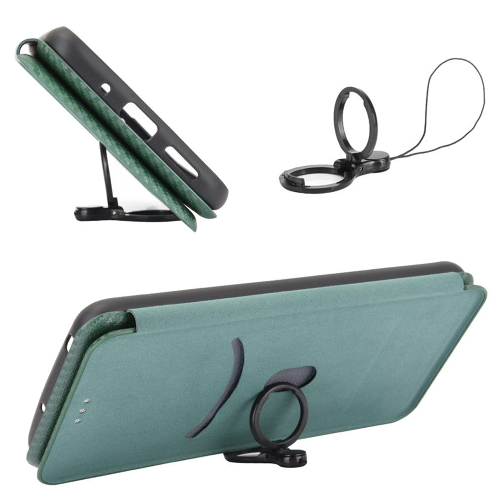 For Samsung Galaxy M14 5G Phone Cover TPU+PU Leather Stand Carbon Fiber Texture Phone Case with Card Slot - Green