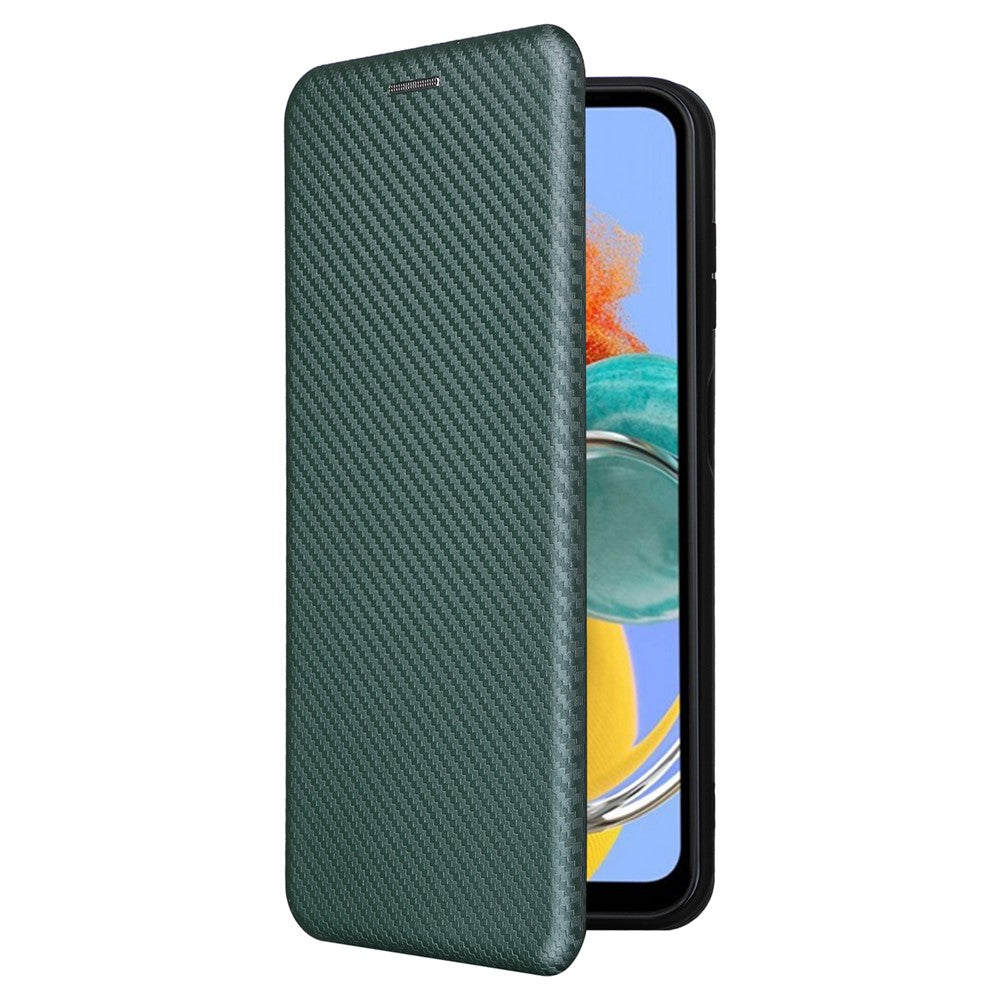 For Samsung Galaxy M14 5G Phone Cover TPU+PU Leather Stand Carbon Fiber Texture Phone Case with Card Slot - Green
