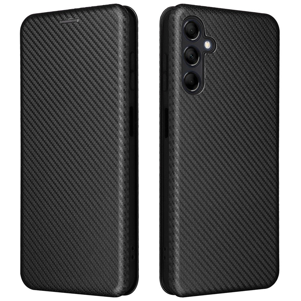 For Samsung Galaxy M14 5G Phone Cover TPU+PU Leather Stand Carbon Fiber Texture Phone Case with Card Slot - Black