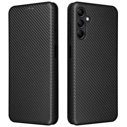 For Samsung Galaxy M14 5G Phone Cover TPU+PU Leather Stand Carbon Fiber Texture Phone Case with Card Slot - Black