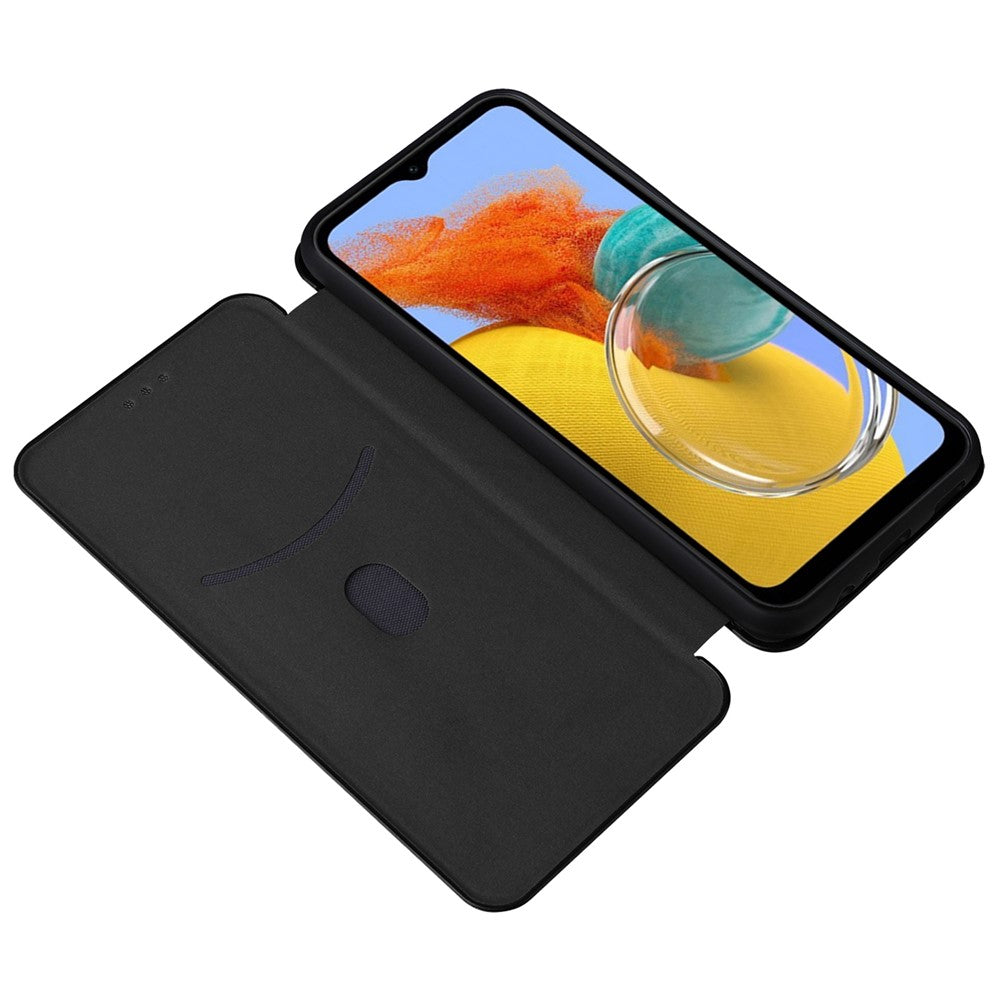 For Samsung Galaxy M14 5G Phone Cover TPU+PU Leather Stand Carbon Fiber Texture Phone Case with Card Slot - Black
