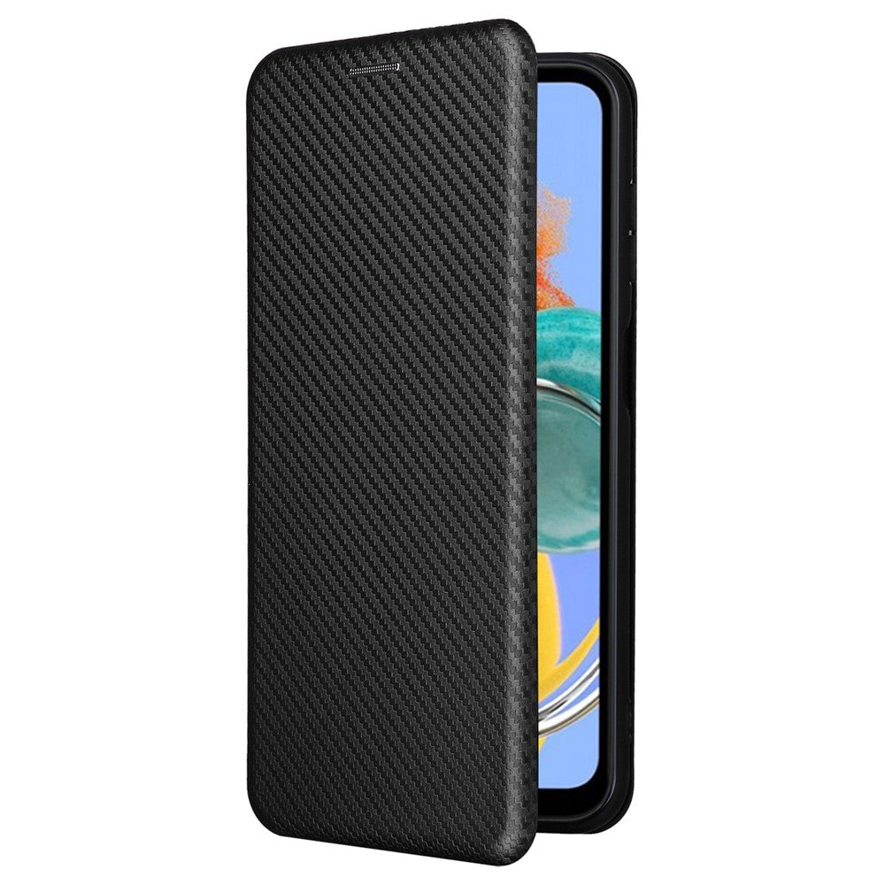 For Samsung Galaxy M14 5G Phone Cover TPU+PU Leather Stand Carbon Fiber Texture Phone Case with Card Slot - Black