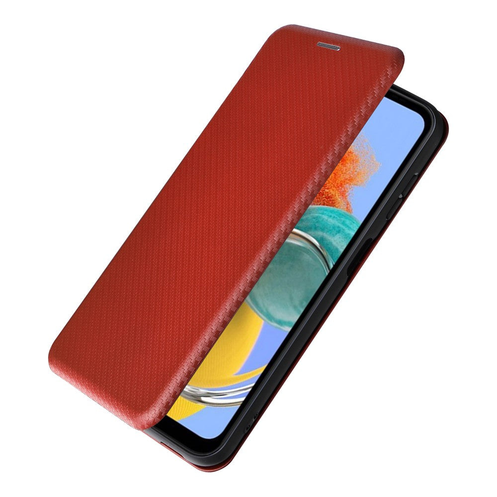 For Samsung Galaxy M14 5G Phone Cover TPU+PU Leather Stand Carbon Fiber Texture Phone Case with Card Slot - Brown