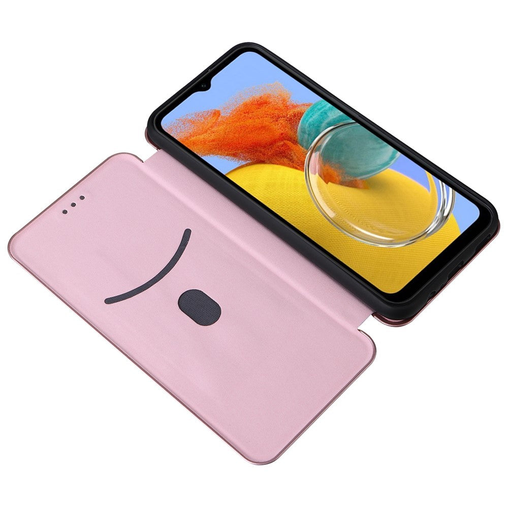 For Samsung Galaxy M14 5G Phone Cover TPU+PU Leather Stand Carbon Fiber Texture Phone Case with Card Slot - Rose Gold