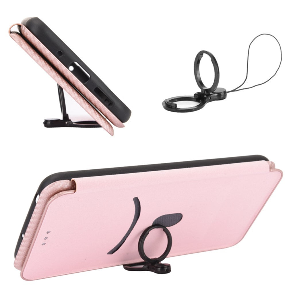 For Samsung Galaxy M14 5G Phone Cover TPU+PU Leather Stand Carbon Fiber Texture Phone Case with Card Slot - Rose Gold