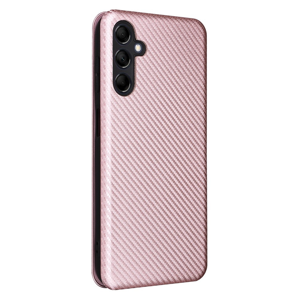 For Samsung Galaxy M14 5G Phone Cover TPU+PU Leather Stand Carbon Fiber Texture Phone Case with Card Slot - Rose Gold