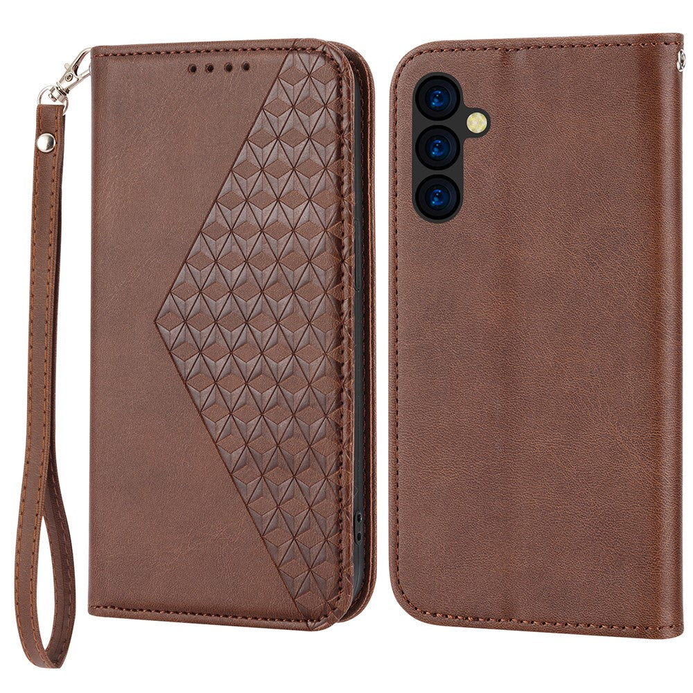 For Samsung Galaxy M14 5G Imprinted Rhombus Pattern Phone Shell Calf Texture PU Leather Stand Phone Case - Brown
