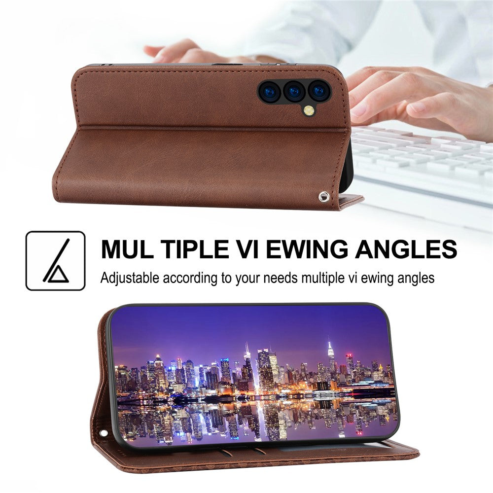 For Samsung Galaxy M14 5G Imprinted Rhombus Pattern Phone Shell Calf Texture PU Leather Stand Phone Case - Brown