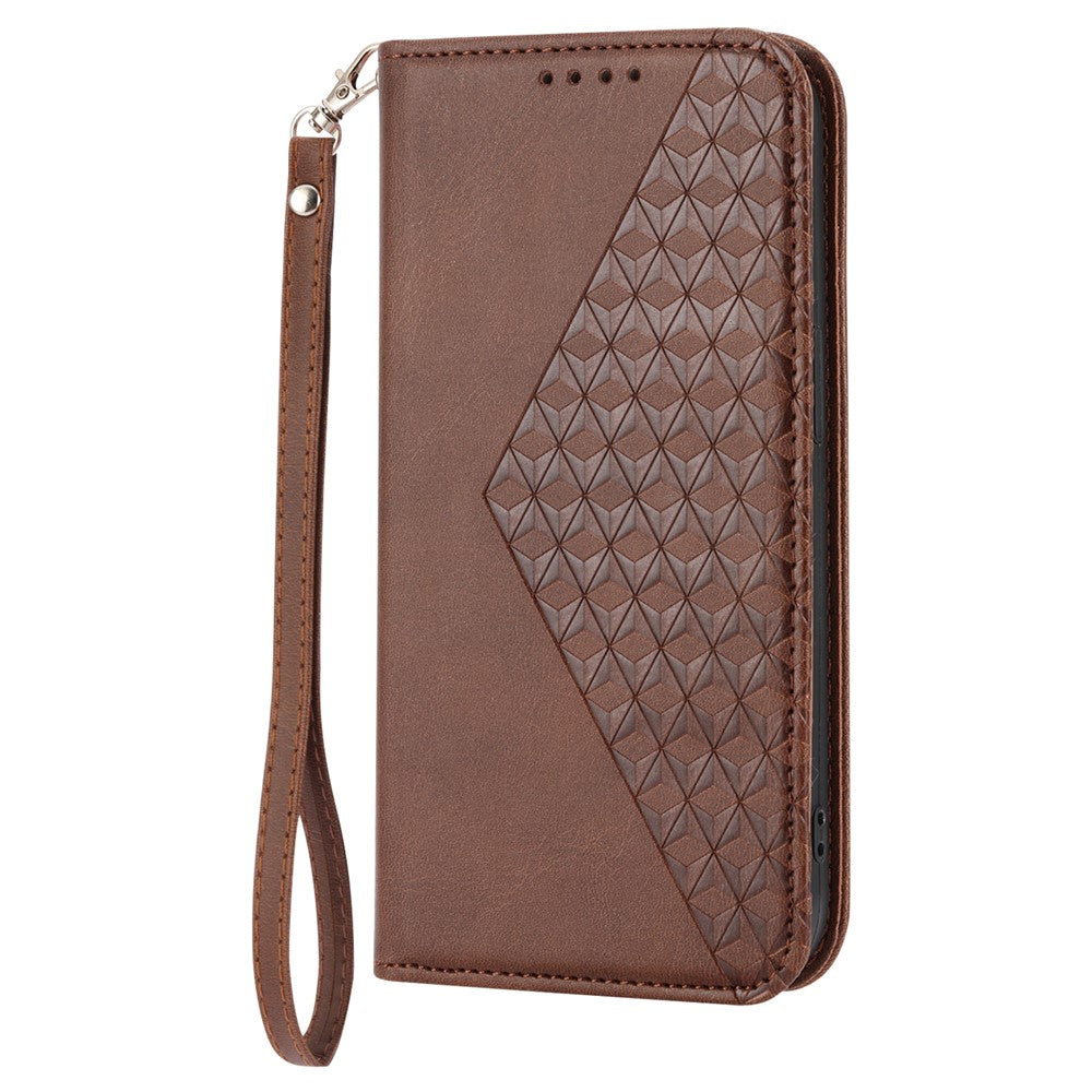 For Samsung Galaxy M14 5G Imprinted Rhombus Pattern Phone Shell Calf Texture PU Leather Stand Phone Case - Brown