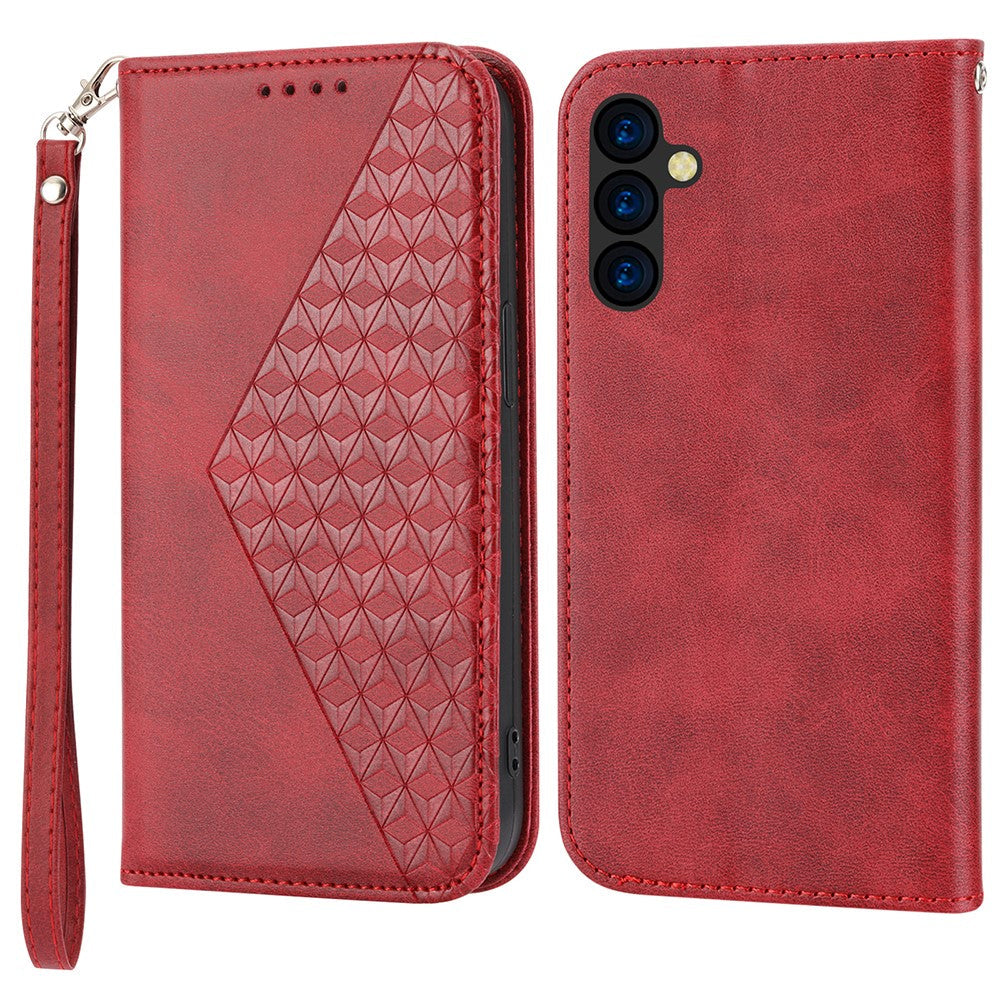 For Samsung Galaxy M14 5G Imprinted Rhombus Pattern Phone Shell Calf Texture PU Leather Stand Phone Case - Red
