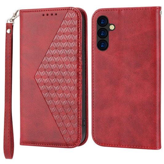 For Samsung Galaxy M14 5G Imprinted Rhombus Pattern Phone Shell Calf Texture PU Leather Stand Phone Case - Red