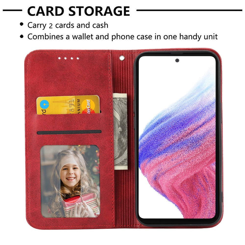 For Samsung Galaxy M14 5G Imprinted Rhombus Pattern Phone Shell Calf Texture PU Leather Stand Phone Case - Red