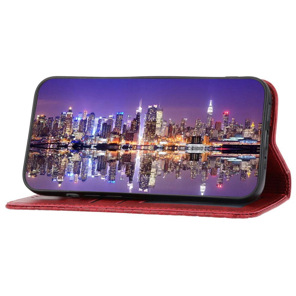 For Samsung Galaxy M14 5G Imprinted Rhombus Pattern Phone Shell Calf Texture PU Leather Stand Phone Case - Red