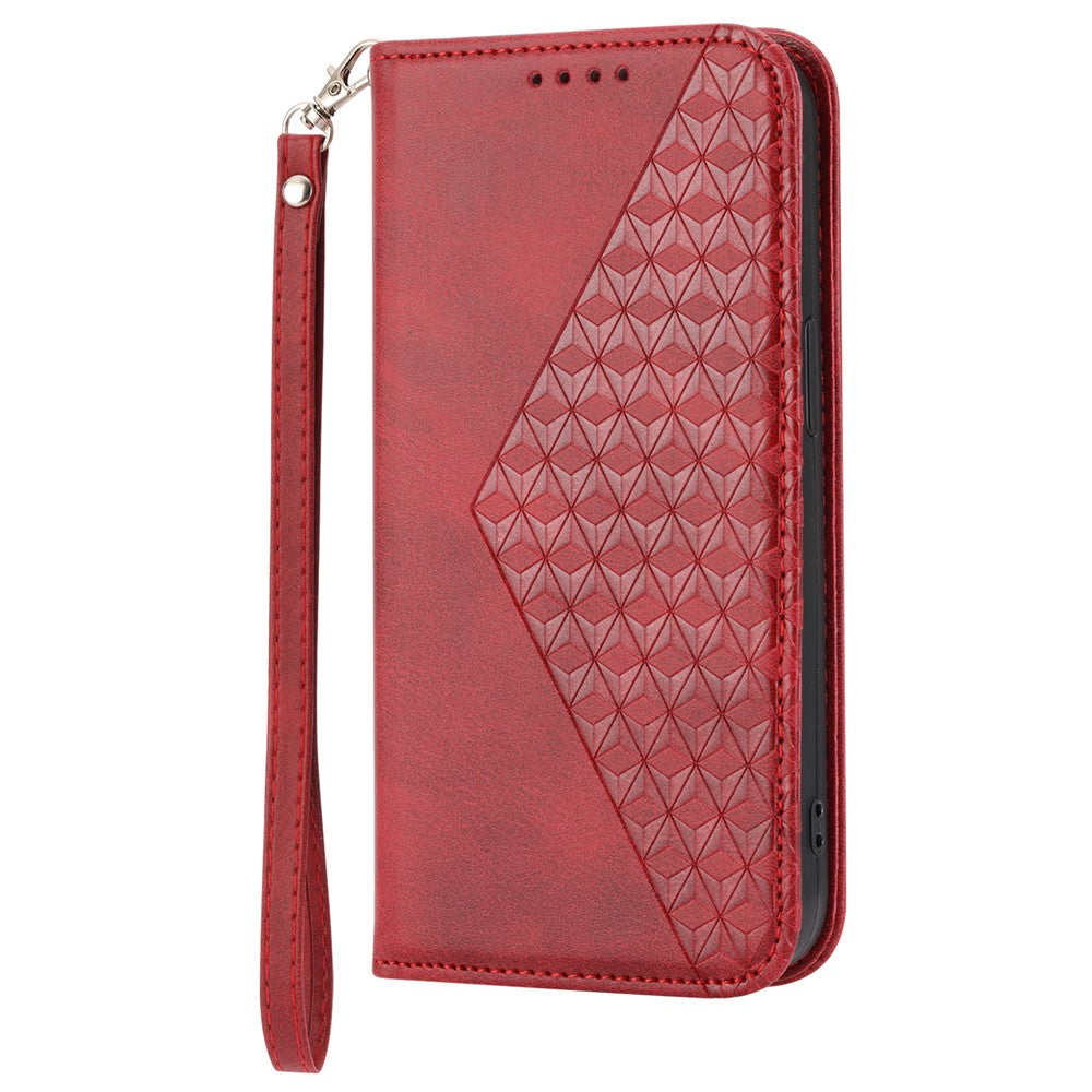 For Samsung Galaxy M14 5G Imprinted Rhombus Pattern Phone Shell Calf Texture PU Leather Stand Phone Case - Red