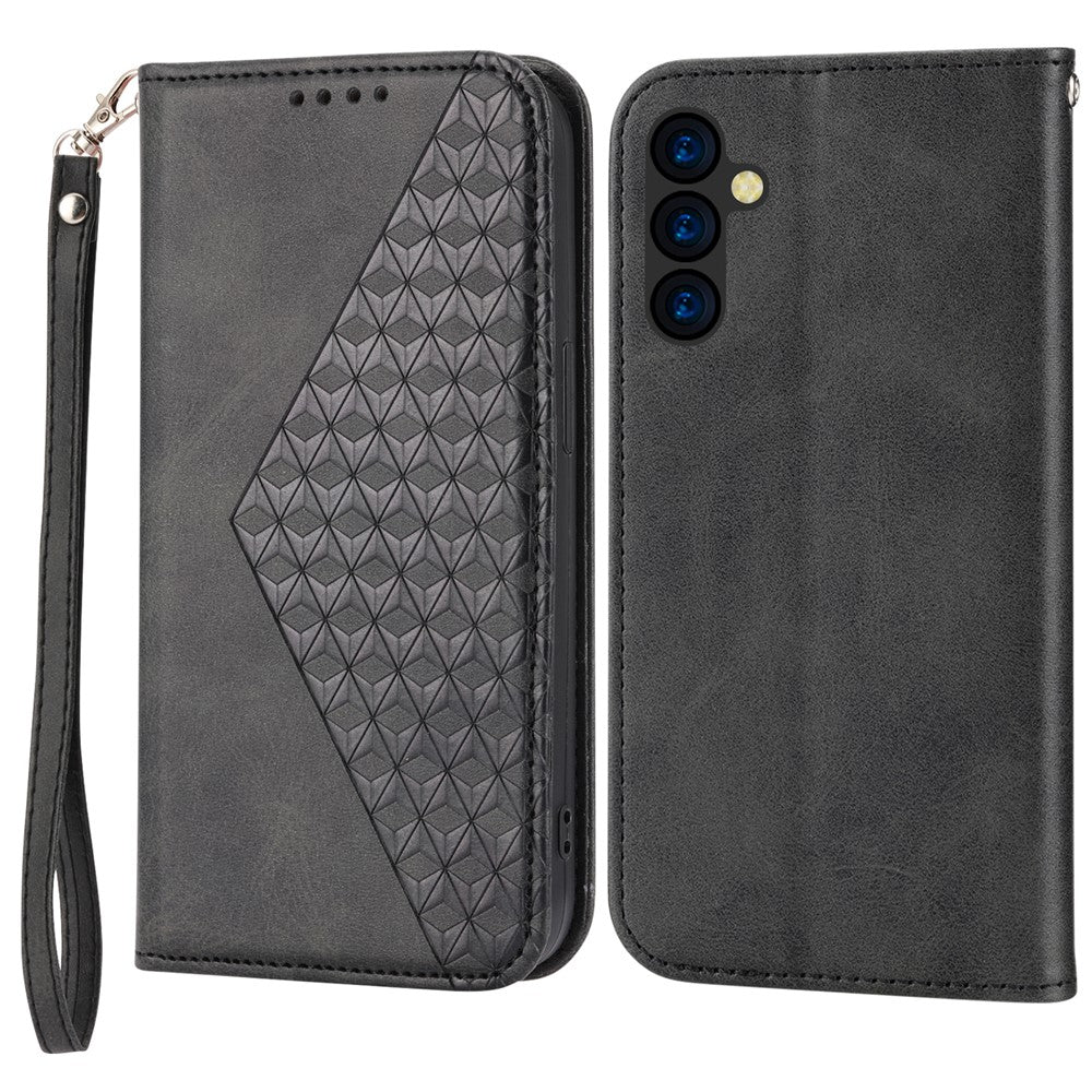For Samsung Galaxy M14 5G Imprinted Rhombus Pattern Phone Shell Calf Texture PU Leather Stand Phone Case - Black