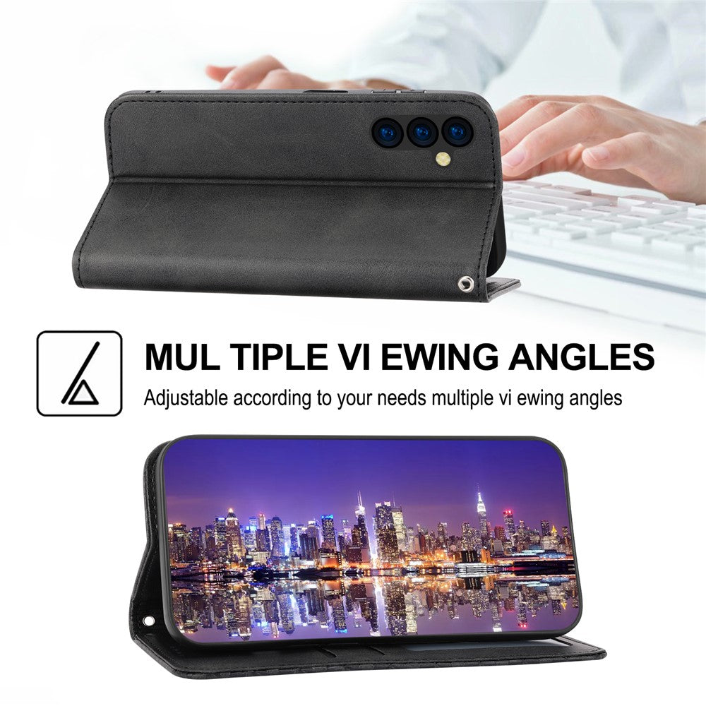 For Samsung Galaxy M14 5G Imprinted Rhombus Pattern Phone Shell Calf Texture PU Leather Stand Phone Case - Black