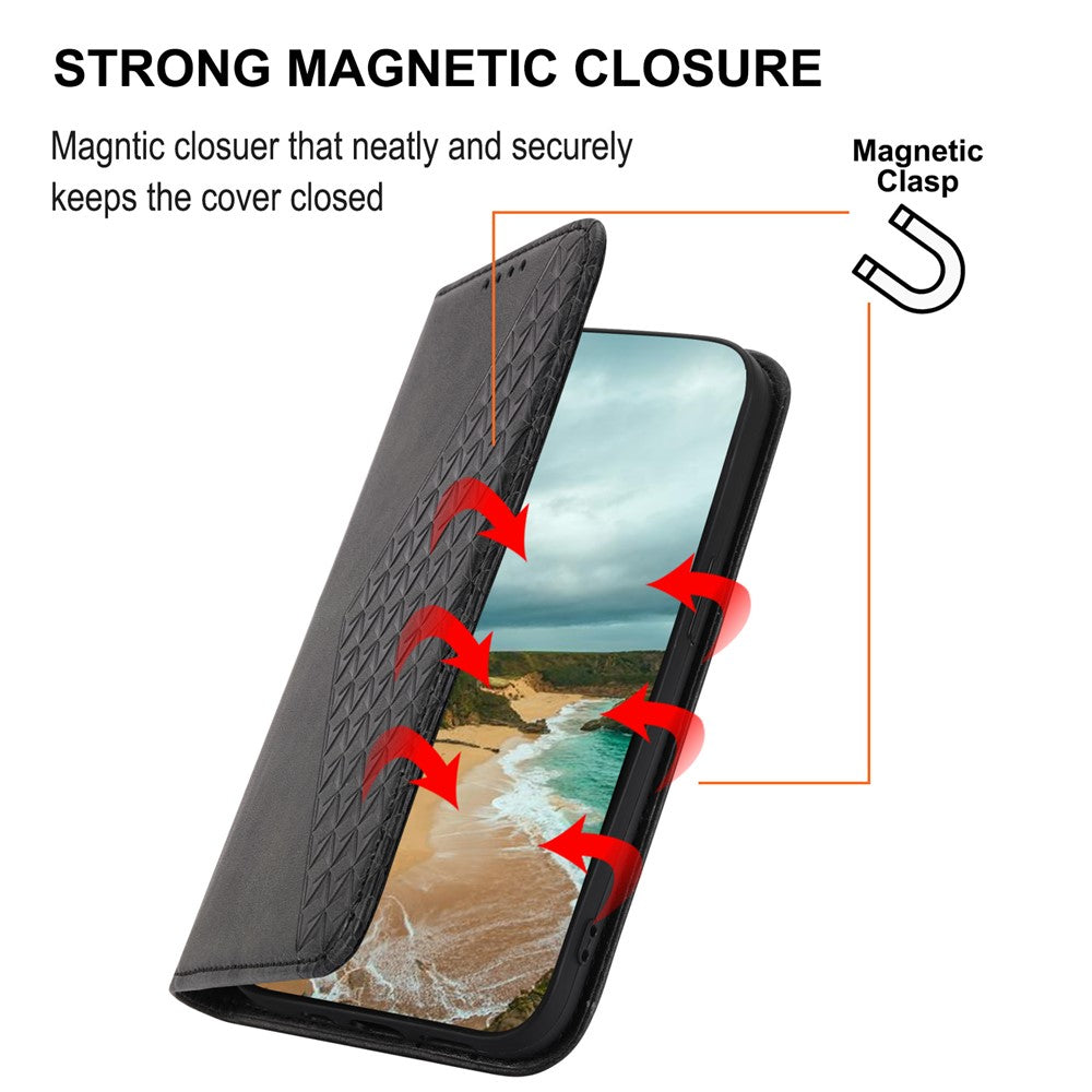 For Samsung Galaxy M14 5G Imprinted Rhombus Pattern Phone Shell Calf Texture PU Leather Stand Phone Case - Black