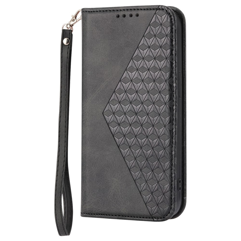 For Samsung Galaxy M14 5G Imprinted Rhombus Pattern Phone Shell Calf Texture PU Leather Stand Phone Case - Black