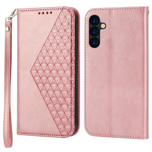 For Samsung Galaxy M14 5G Imprinted Rhombus Pattern Phone Shell Calf Texture PU Leather Stand Phone Case - Rose Gold