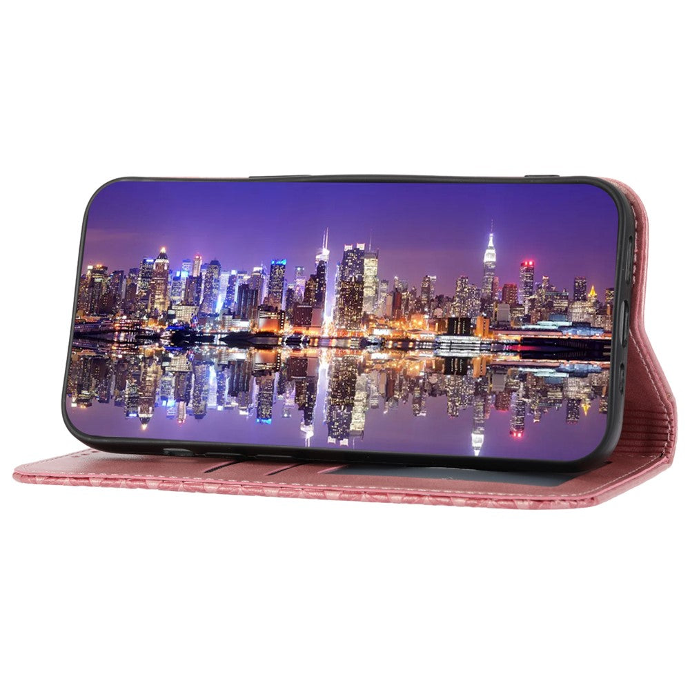 For Samsung Galaxy M14 5G Imprinted Rhombus Pattern Phone Shell Calf Texture PU Leather Stand Phone Case - Rose Gold