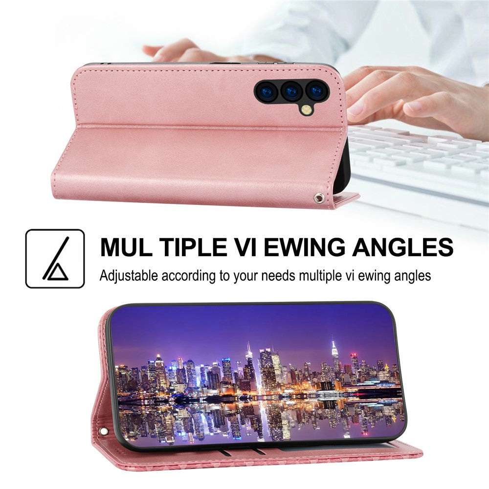 For Samsung Galaxy M14 5G Imprinted Rhombus Pattern Phone Shell Calf Texture PU Leather Stand Phone Case - Rose Gold