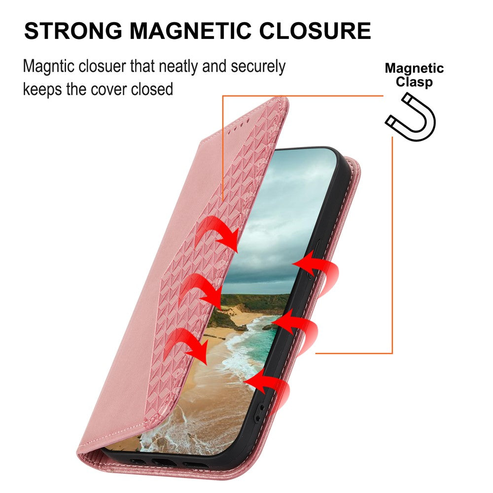 For Samsung Galaxy M14 5G Imprinted Rhombus Pattern Phone Shell Calf Texture PU Leather Stand Phone Case - Rose Gold