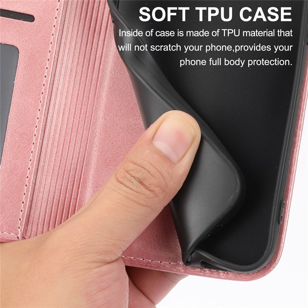 For Samsung Galaxy M14 5G Imprinted Rhombus Pattern Phone Shell Calf Texture PU Leather Stand Phone Case - Rose Gold