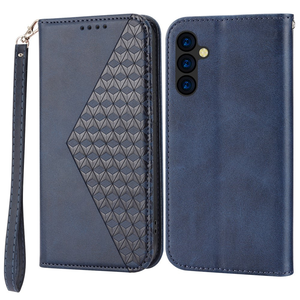 For Samsung Galaxy M14 5G Imprinted Rhombus Pattern Phone Shell Calf Texture PU Leather Stand Phone Case - Blue