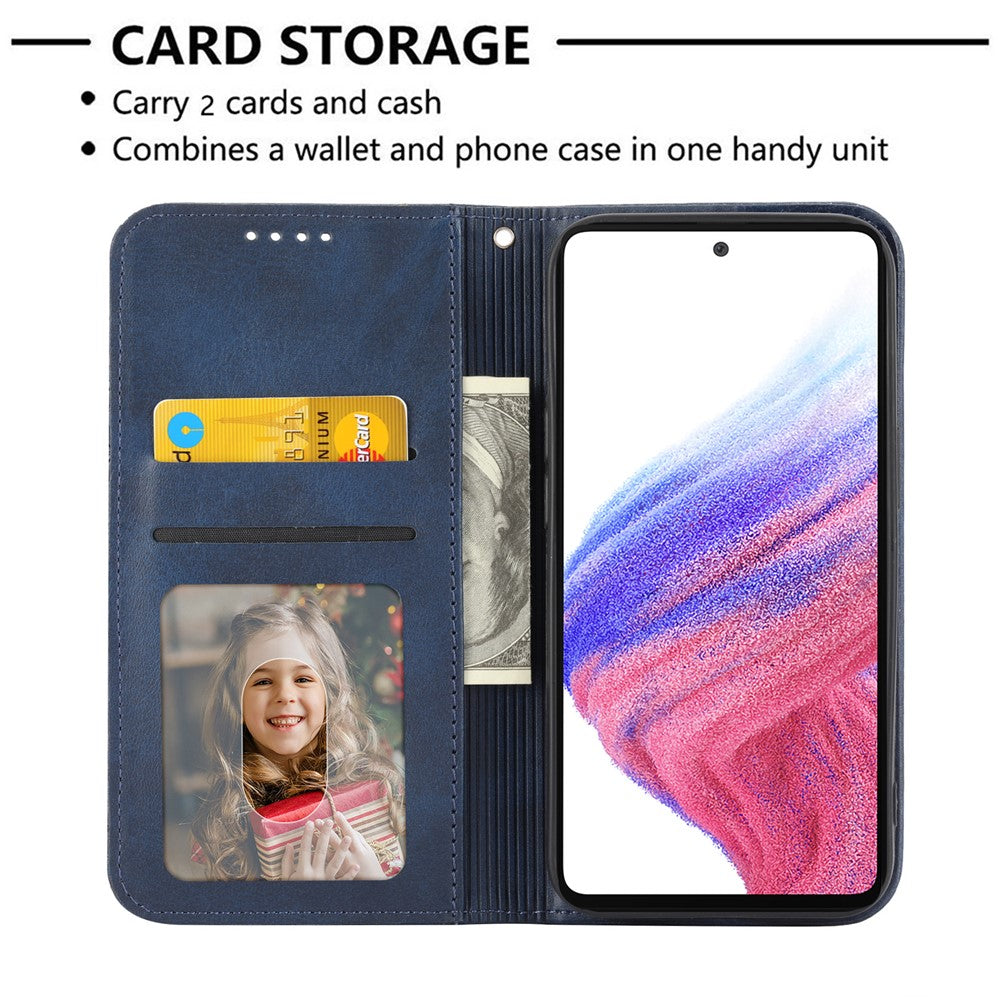 For Samsung Galaxy M14 5G Imprinted Rhombus Pattern Phone Shell Calf Texture PU Leather Stand Phone Case - Blue