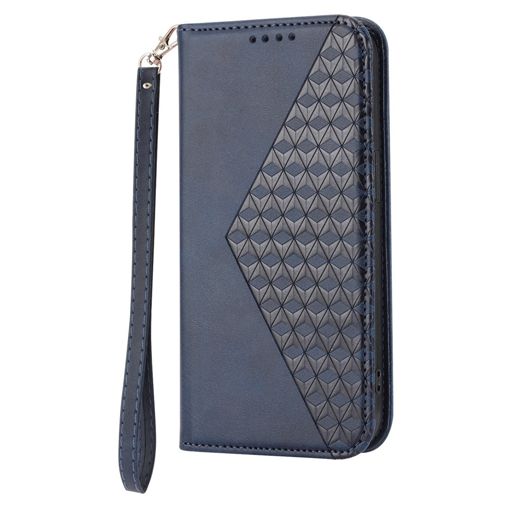 For Samsung Galaxy M14 5G Imprinted Rhombus Pattern Phone Shell Calf Texture PU Leather Stand Phone Case - Blue