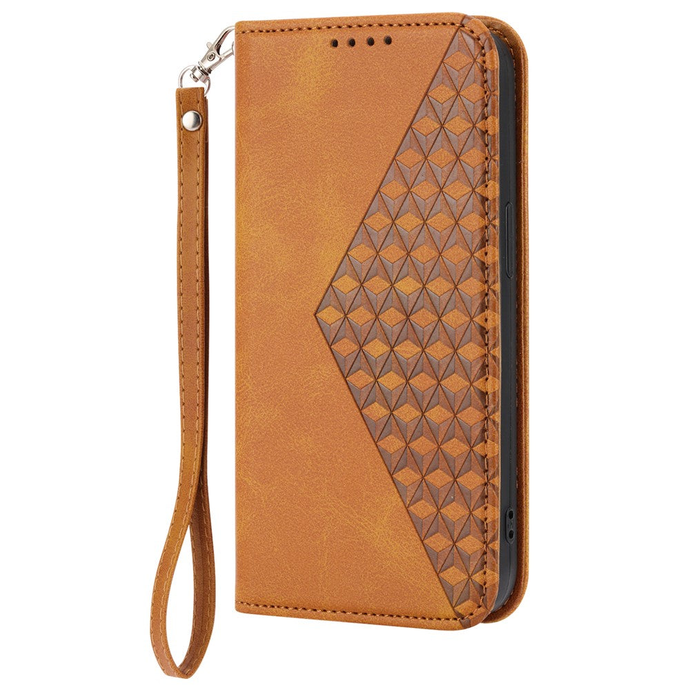 For Samsung Galaxy M14 5G Imprinted Rhombus Pattern Phone Shell Calf Texture PU Leather Stand Phone Case - Yellow
