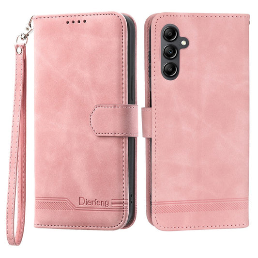 DIERFENG DF-03 For Samsung Galaxy M14 5G Wallet Phone Case Lines Imprinted Leather Flip Cover with Stand - Pink