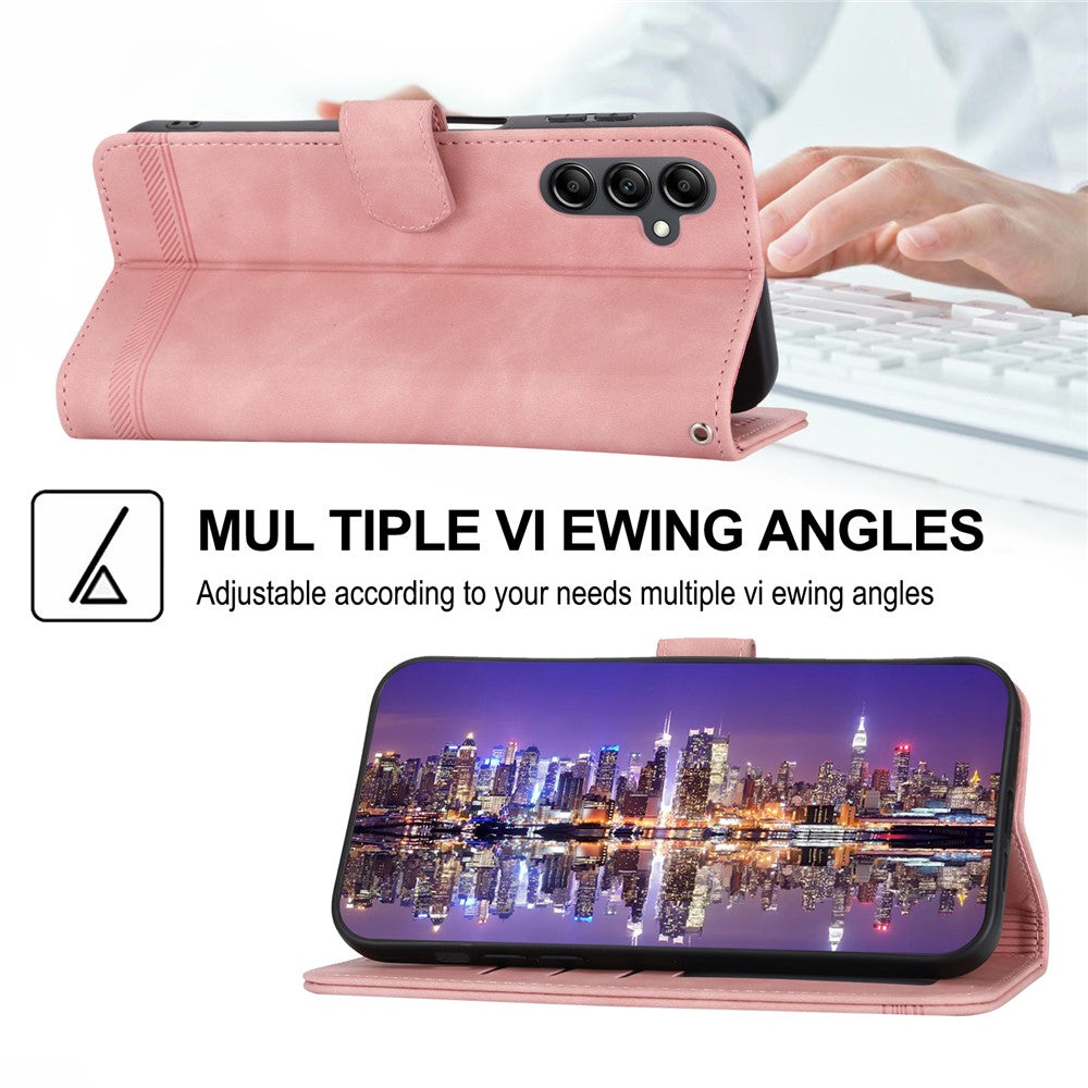 DIERFENG DF-03 For Samsung Galaxy M14 5G Wallet Phone Case Lines Imprinted Leather Flip Cover with Stand - Pink