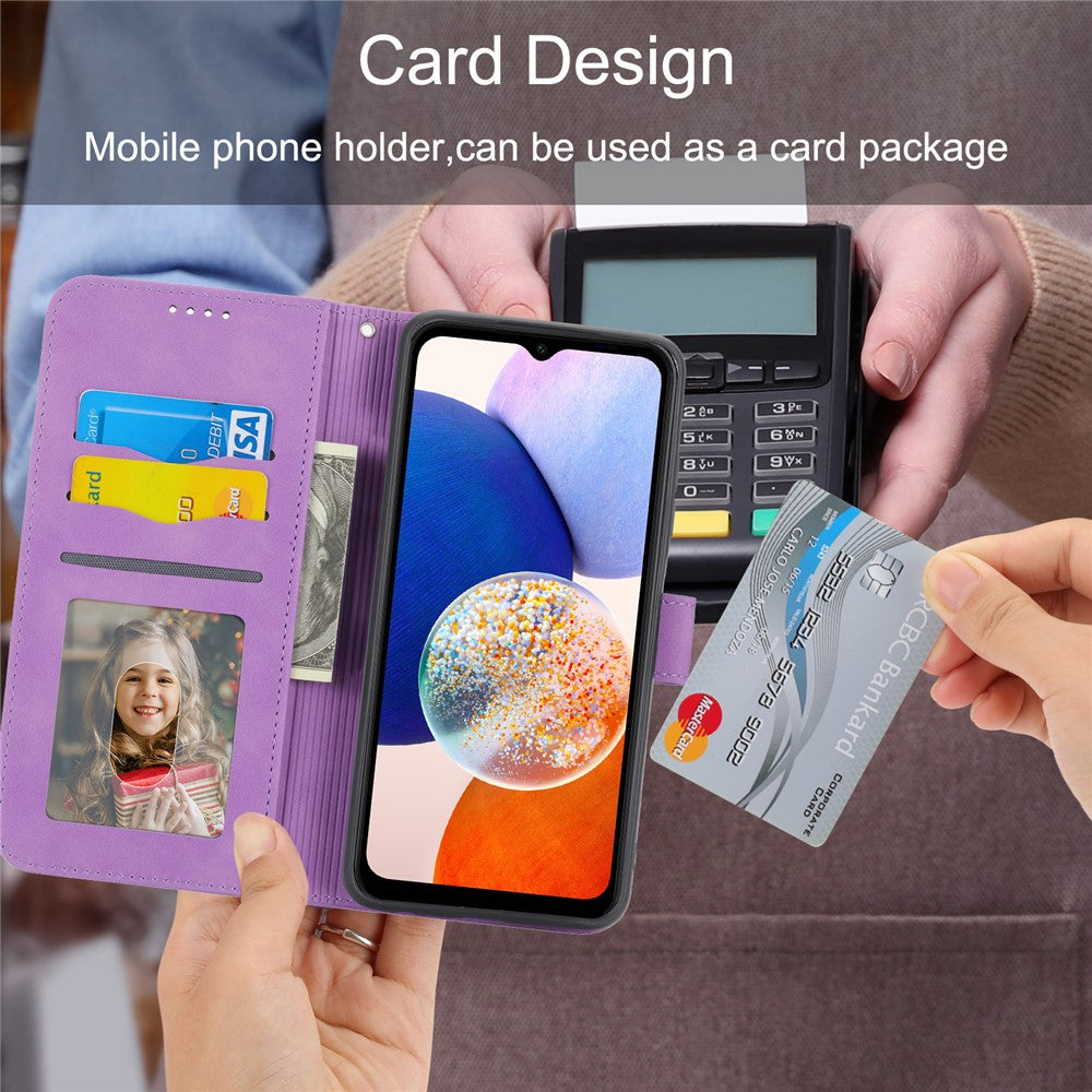 DIERFENG DF-03 For Samsung Galaxy M14 5G Wallet Phone Case Lines Imprinted Leather Flip Cover with Stand - Purple