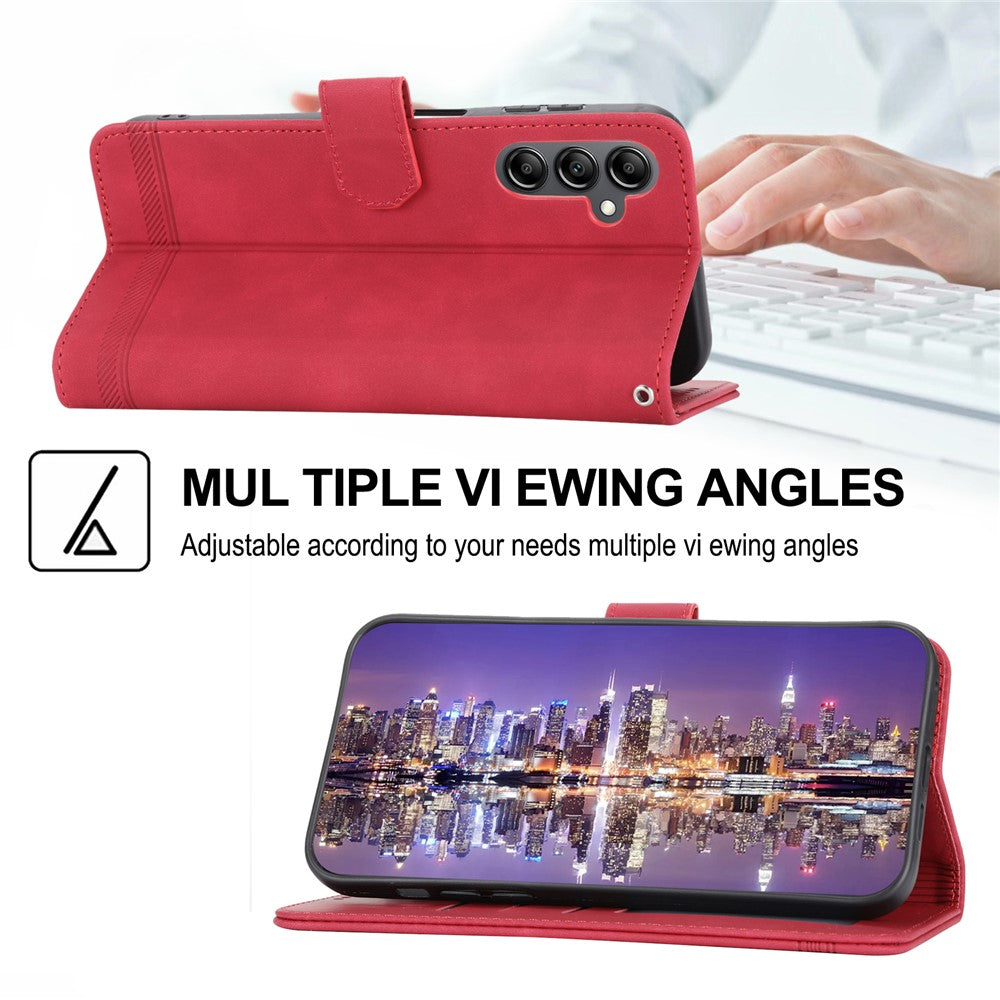 DIERFENG DF-03 For Samsung Galaxy M14 5G Wallet Phone Case Lines Imprinted Leather Flip Cover with Stand - Red