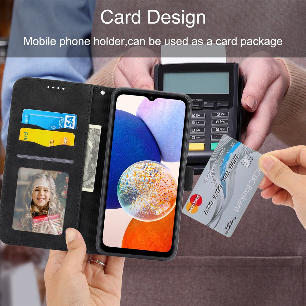DIERFENG DF-03 For Samsung Galaxy M14 5G Wallet Phone Case Lines Imprinted Leather Flip Cover with Stand - Black