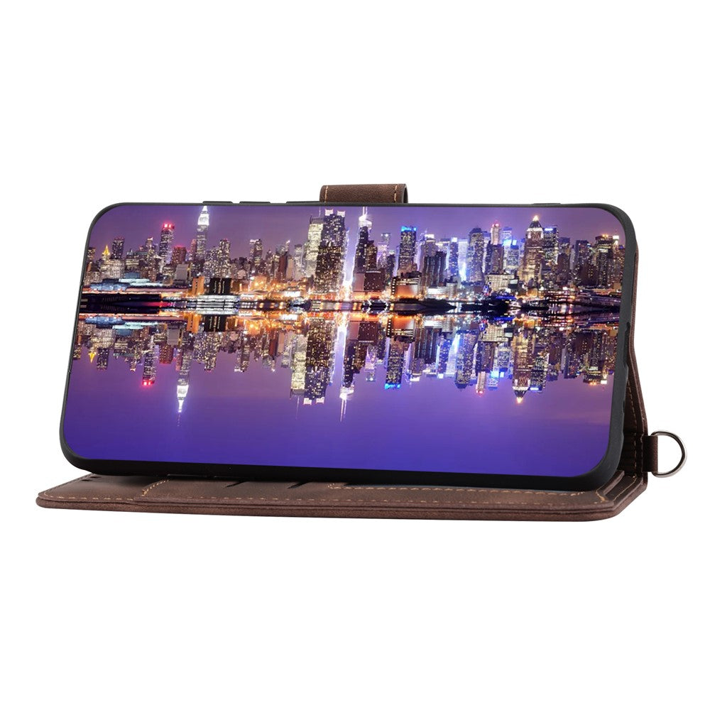 Wallet Phone Case for Samsung Galaxy M14 5G Imprinted Flower Skin-Touch Leather Cover with Strap - Brown