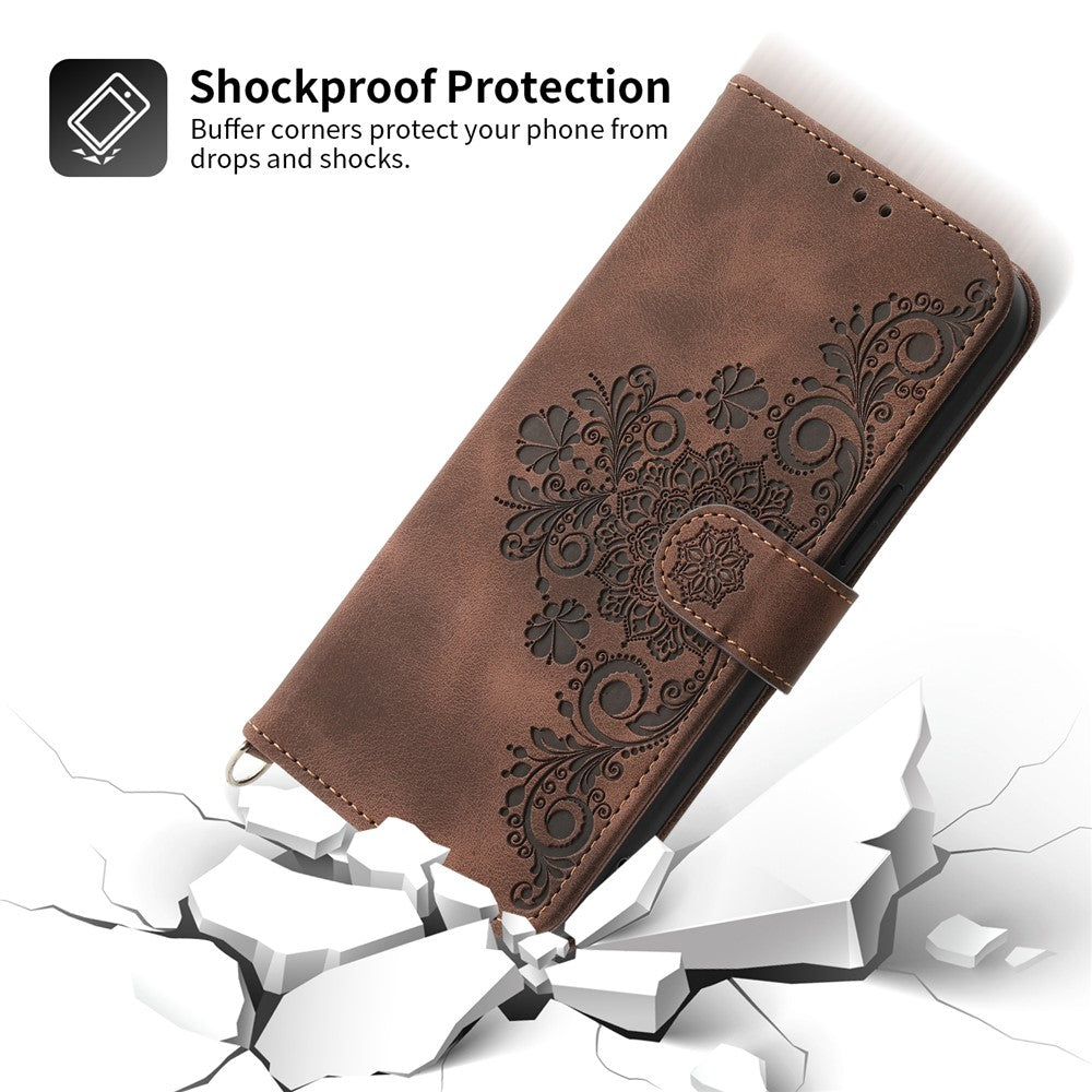 Wallet Phone Case for Samsung Galaxy M14 5G Imprinted Flower Skin-Touch Leather Cover with Strap - Brown