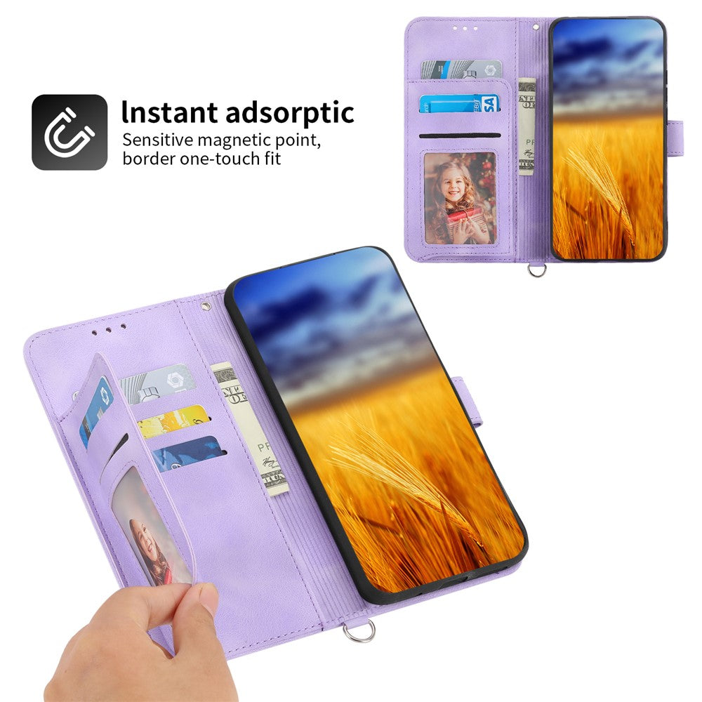 Wallet Phone Case for Samsung Galaxy M14 5G Imprinted Flower Skin-Touch Leather Cover with Strap - Light Purple