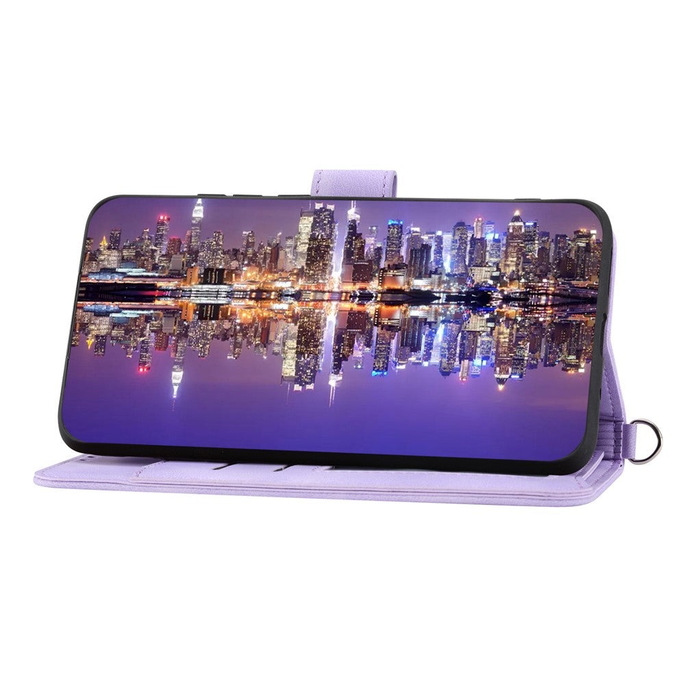 Wallet Phone Case for Samsung Galaxy M14 5G Imprinted Flower Skin-Touch Leather Cover with Strap - Light Purple