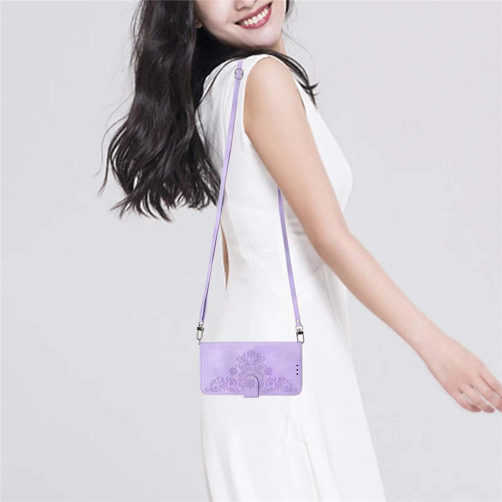 Wallet Phone Case for Samsung Galaxy M14 5G Imprinted Flower Skin-Touch Leather Cover with Strap - Light Purple