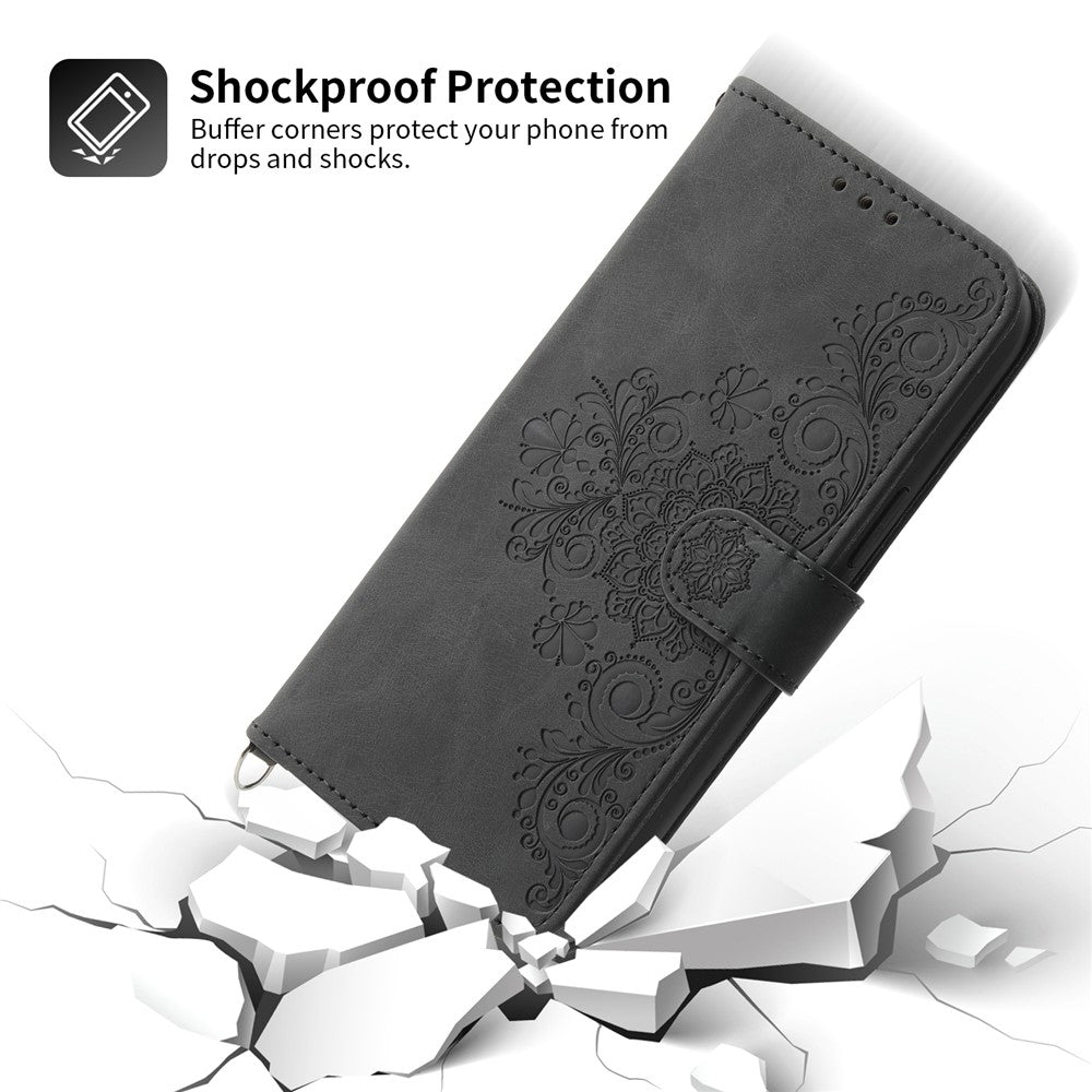 Wallet Phone Case for Samsung Galaxy M14 5G Imprinted Flower Skin-Touch Leather Cover with Strap - Black