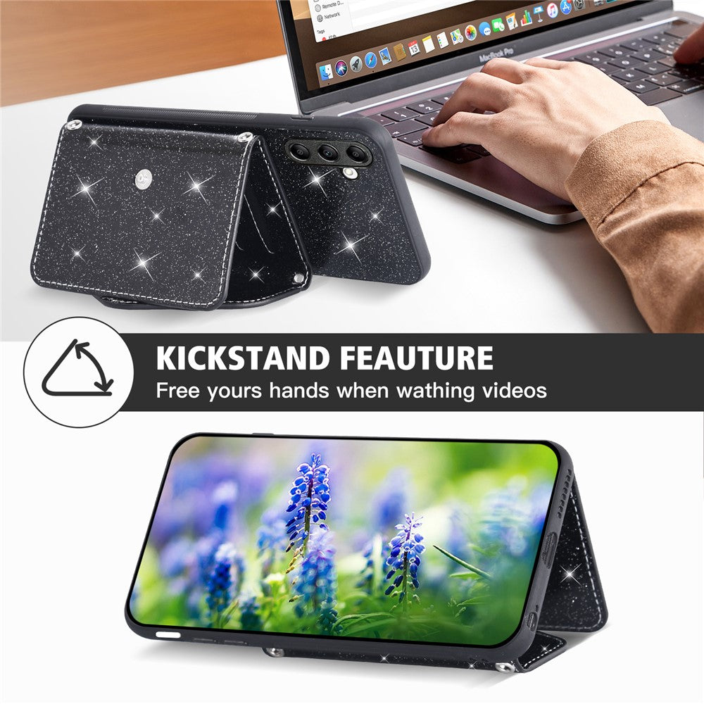For Samsung Galaxy M13 4G / M23 5G / F23 5G Card Holder Phone Case Triangle Kickstand PU Leather+TPU Glittery Powder Shell - Black