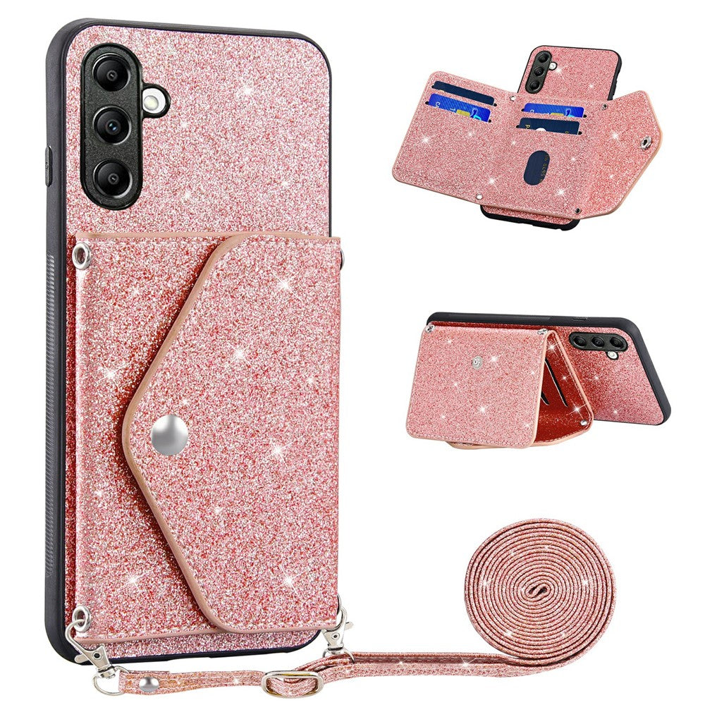 For Samsung Galaxy M13 4G / M23 5G / F23 5G Card Holder Phone Case Triangle Kickstand PU Leather+TPU Glittery Powder Shell - Pink