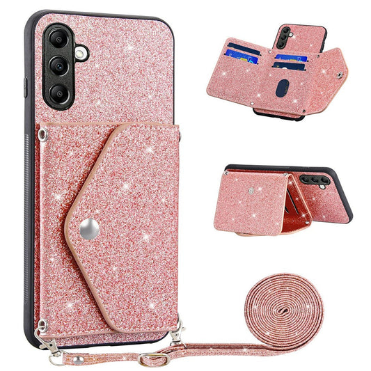 For Samsung Galaxy M13 4G / M23 5G / F23 5G Card Holder Phone Case Triangle Kickstand PU Leather+TPU Glittery Powder Shell - Pink