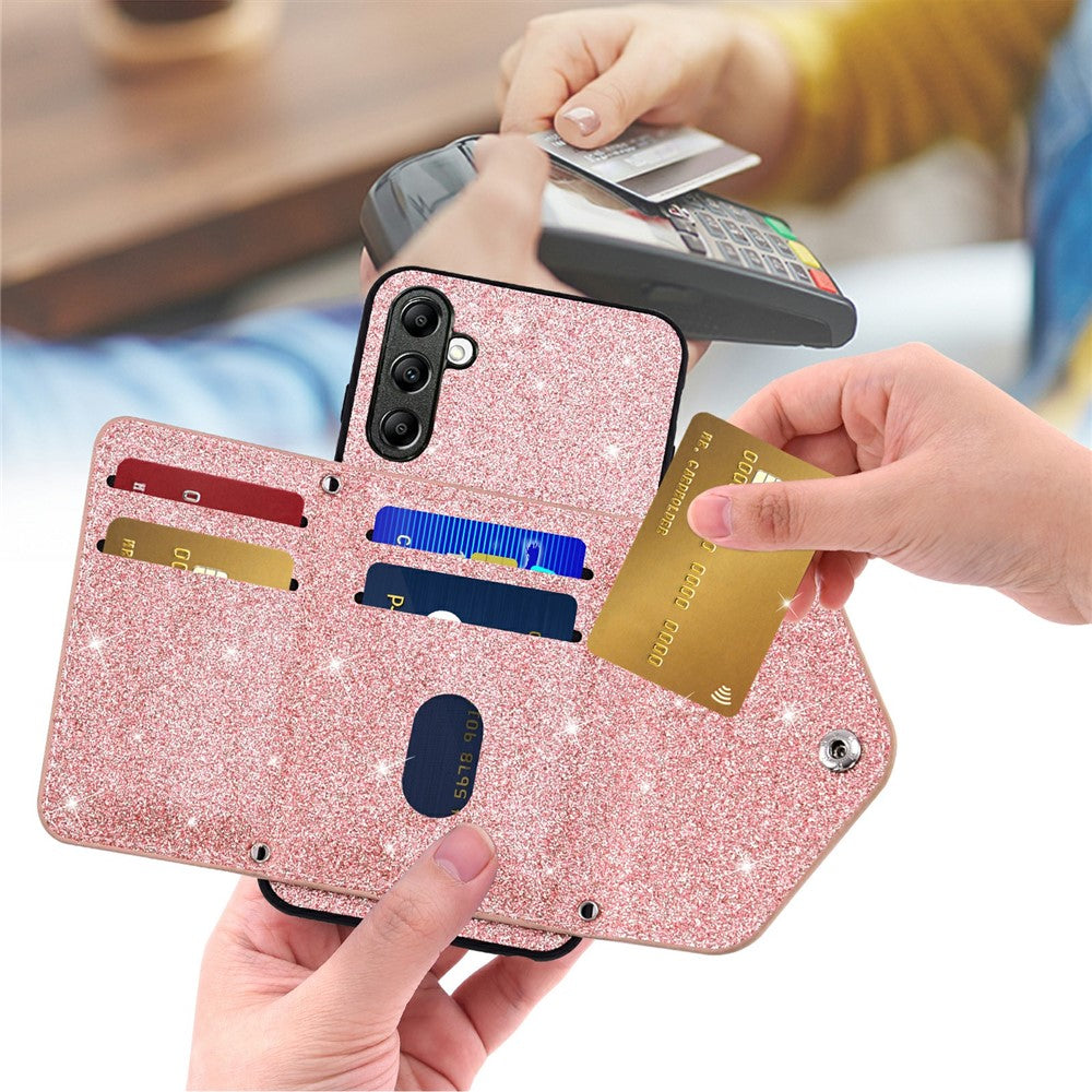 For Samsung Galaxy M13 4G / M23 5G / F23 5G Card Holder Phone Case Triangle Kickstand PU Leather+TPU Glittery Powder Shell - Pink