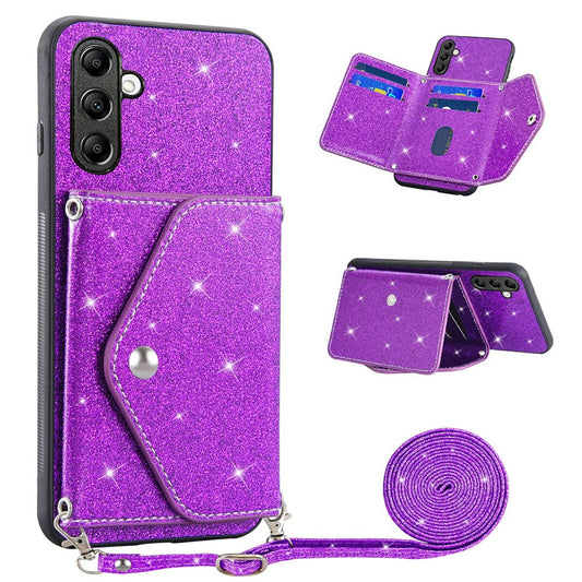 For Samsung Galaxy M13 4G / M23 5G / F23 5G Card Holder Phone Case Triangle Kickstand PU Leather+TPU Glittery Powder Shell - Purple