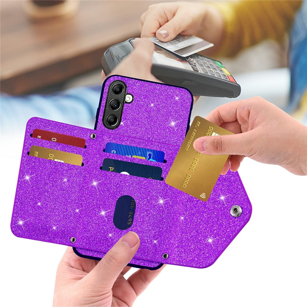 For Samsung Galaxy M13 4G / M23 5G / F23 5G Card Holder Phone Case Triangle Kickstand PU Leather+TPU Glittery Powder Shell - Purple