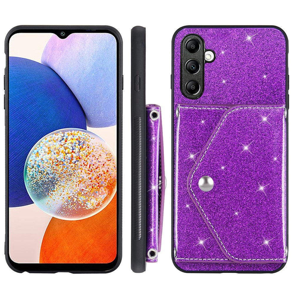 For Samsung Galaxy M13 4G / M23 5G / F23 5G Card Holder Phone Case Triangle Kickstand PU Leather+TPU Glittery Powder Shell - Purple
